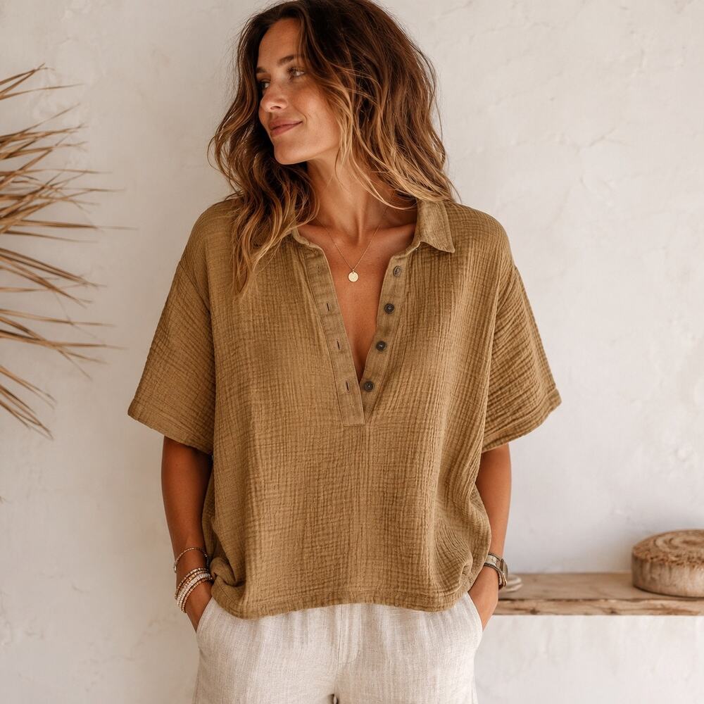 SOLD Organic Cotton Gauze Henley Top S Boho Coastal Grandmacore Olive Tan - Picture 11 of 11